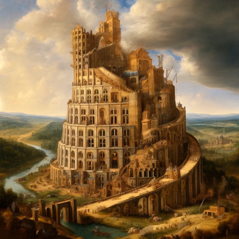 Painting of the Tower of Babel rising over a river landscape.
