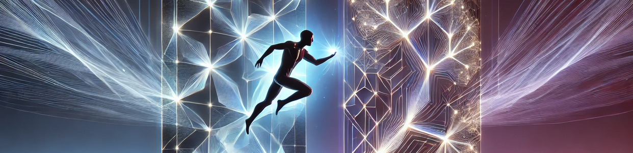 A figure leaping between two networks of glowing geometric nodes in blue and red.