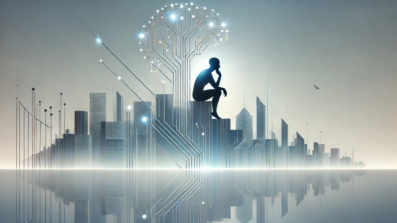 A silhouetted figure on a precipice with a glowing digital brain over a circuit-board city.