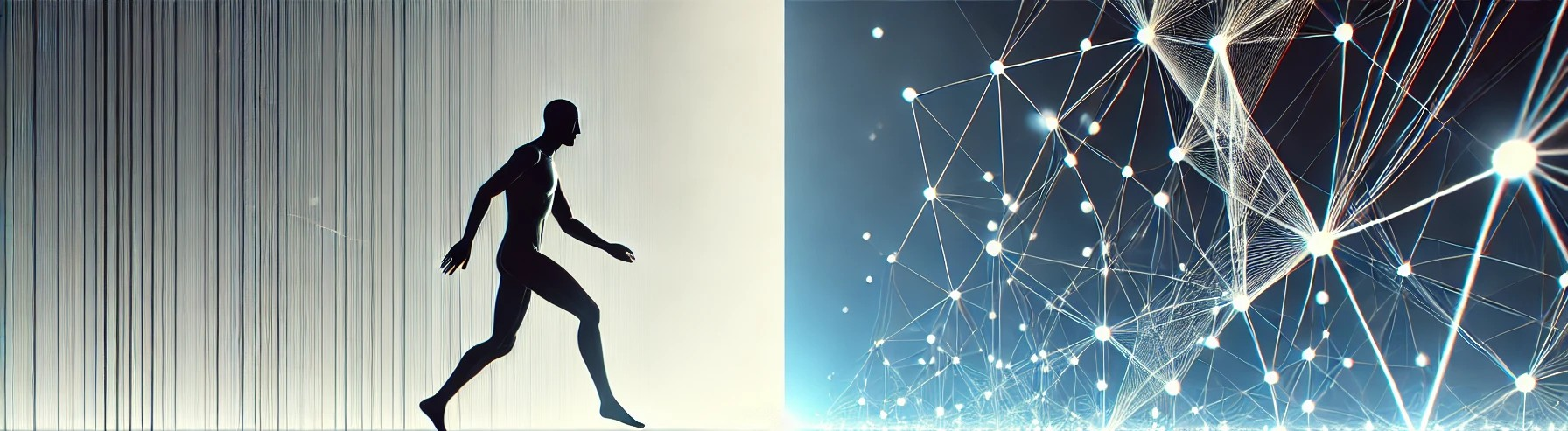 A silhouetted figure walking past a wall of vertical lines fading into a glowing network of nodes.